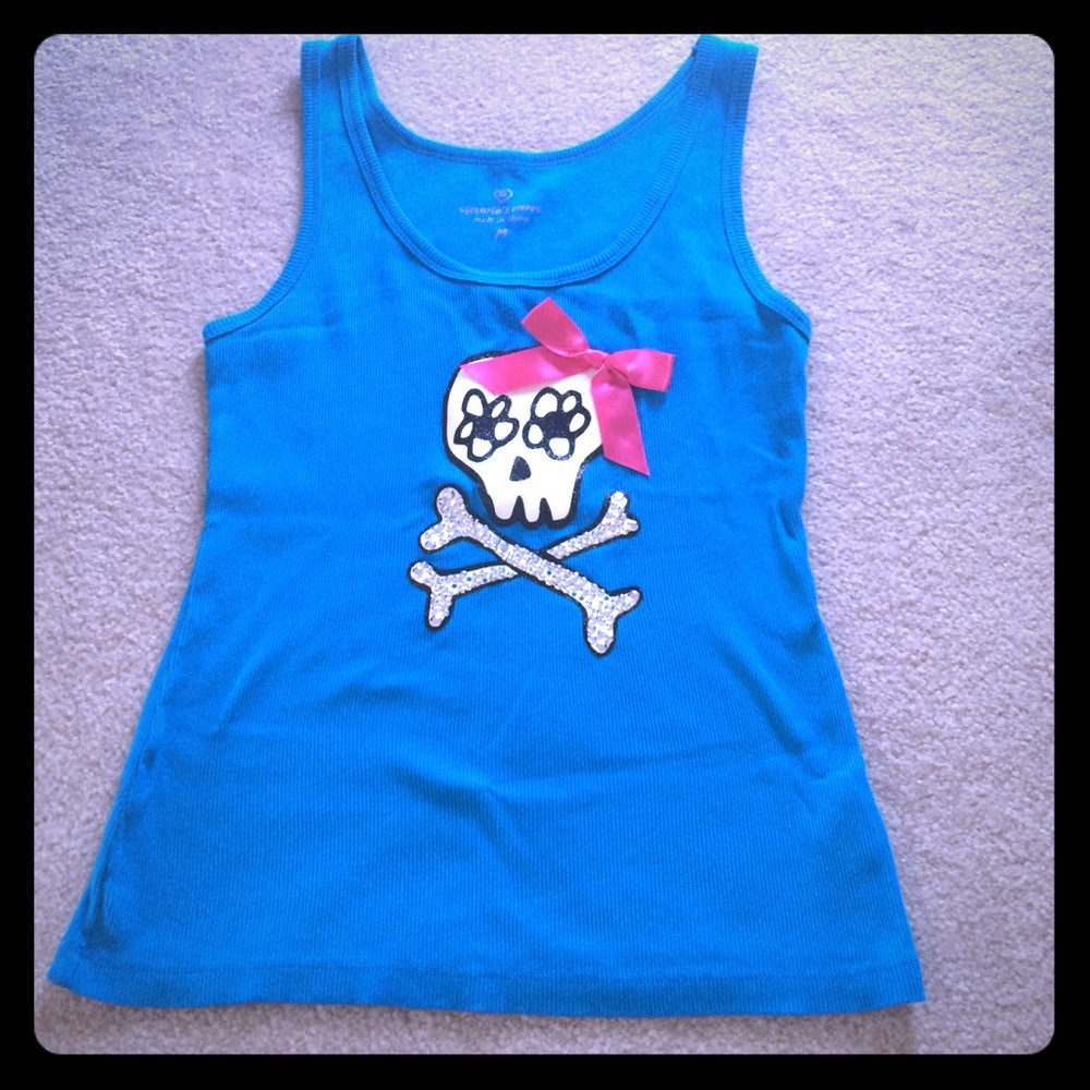 PINK Victoria's Secret Blue Tank Top with Pink Bow Skull
